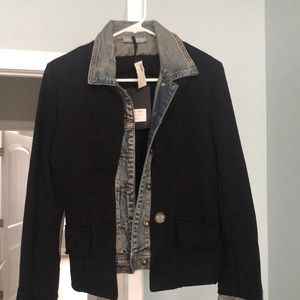 Black jacket with denim inset, denim patches on sleeves